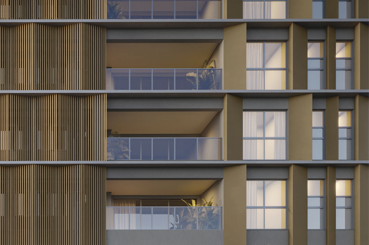 Fachada do Residencial Origens com varandas e brises verticais.